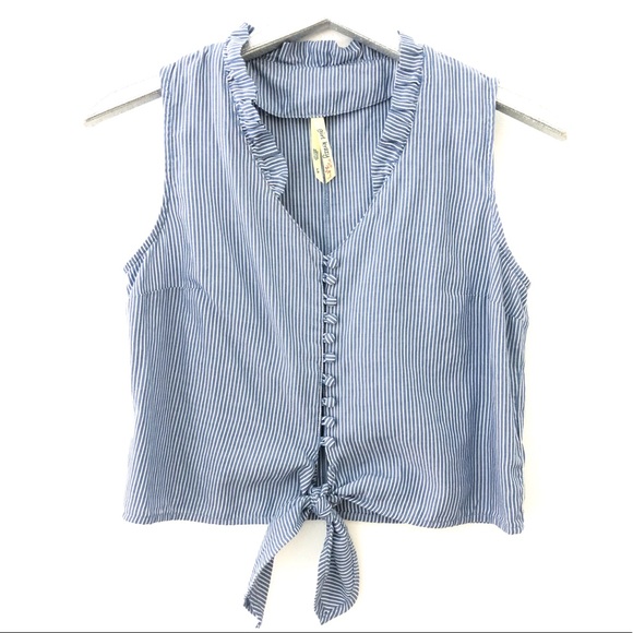 Girl Krazy Striped Button Tie Front Crop Tank Top - Picture 1 of 8